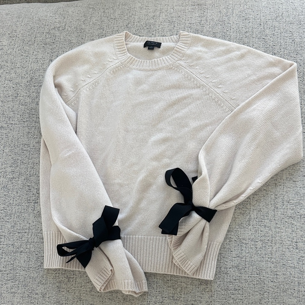 J. Crew Light Cream Cashmere Sweater with Black Ribbon Accents